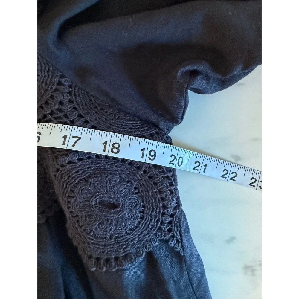 Free People Black Crochet Lace Inset Square Neck Puff Sleeve Babydoll Blouse L